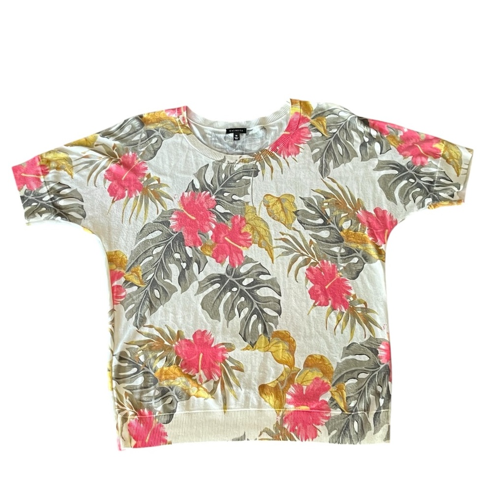 Talbots Hibiscus Flower Palm Short Sleeve Pullover Sweater Size M Hawaiian